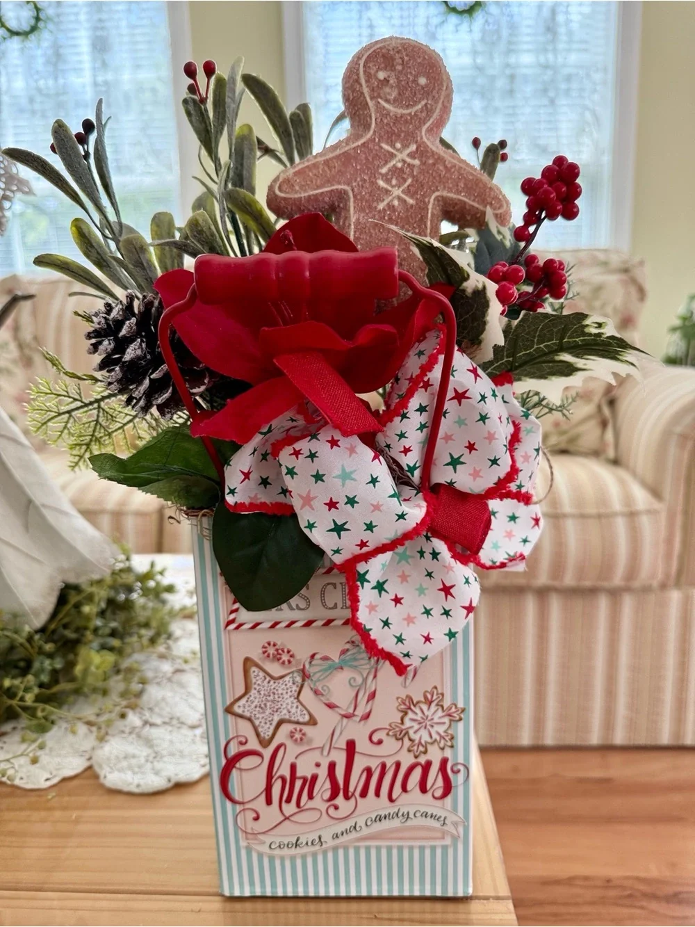 Mrs. Claus Christmas Holiday Cookies & Candy  Floral Arrangement Tin Container